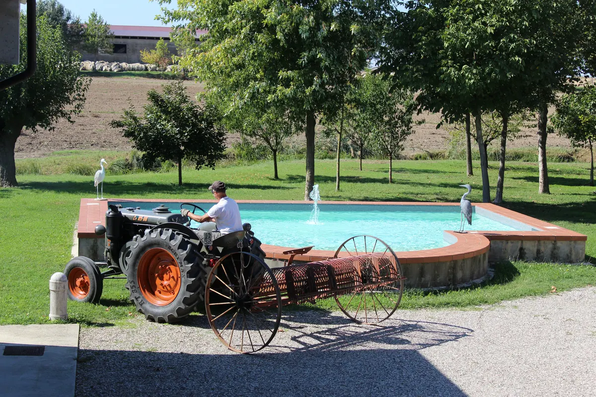 Il trattore con la rastrellona fermo accanto alla fontana con la vasca azzurra e le sculture di aironi