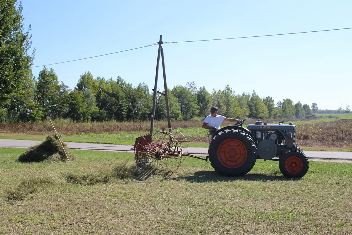 Il trattore fermo sul bordo del campo con la rastrellona sollevata e il fieno lasciato a terra in mucchi lungo la strada